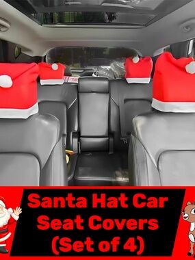 4PC Santa Hat Car Headrest Covers Christmas Auto Decor Red White NWT